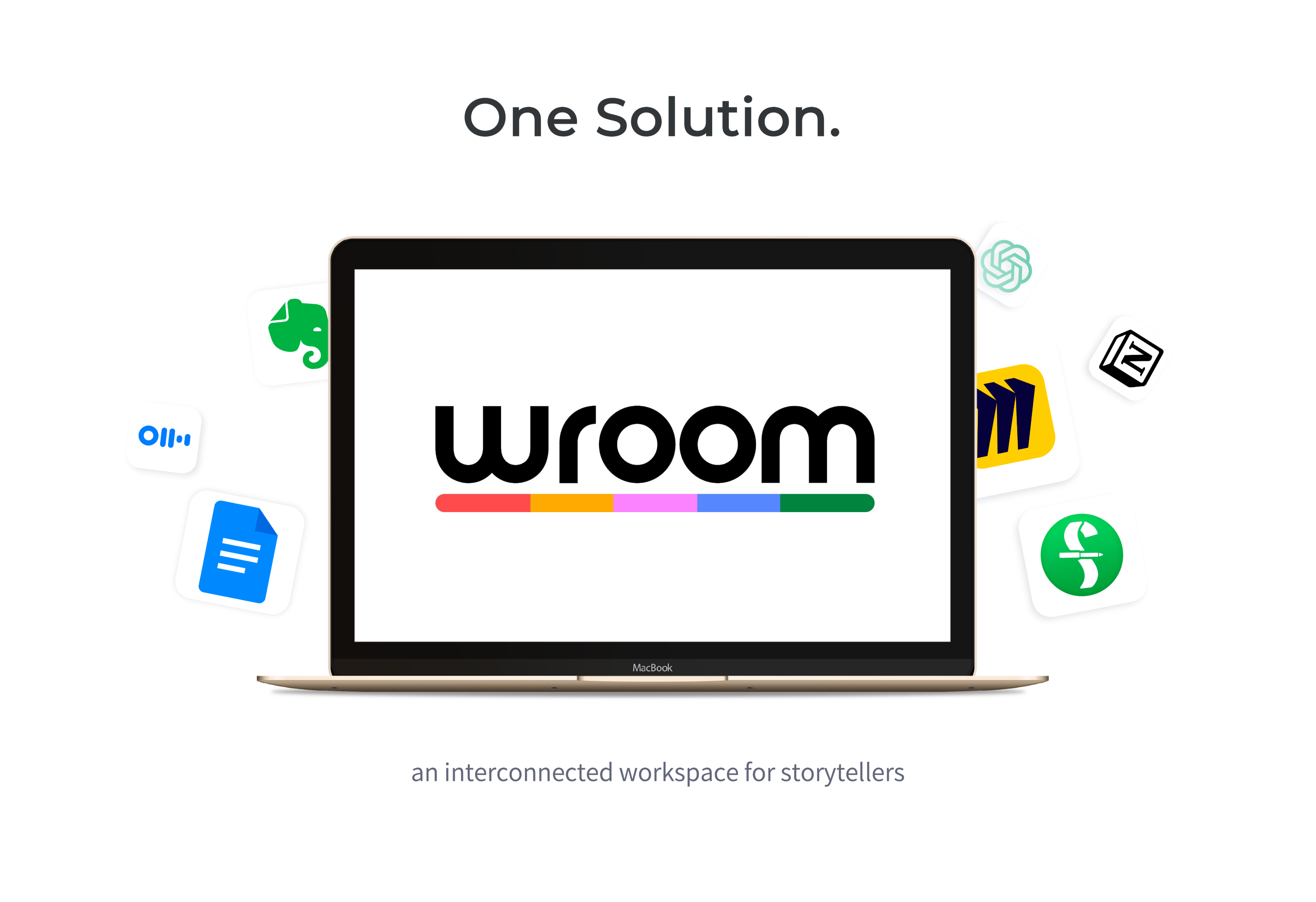 Introducing 'Wroom': The Ultimate Interconnected Workspace for Storytellers. The image prominently displays a sleek MacBook with the 'Wroom' wordmark logo on its screen, underscored by a vibrant, multi-colored underline symbolizing diversity and creativity. Above the screen, the caption 'One Solution.' suggests a comprehensive toolset for creative work. Below, 'an interconnected workspace for storytellers' describes the platform's purpose. Surrounding the laptop are floating icons, hinting at the integration of various productivity applications like note-taking, document management, and project planning, all essential for a seamless storytelling experience. This graphic is perfect for creative professionals seeking a singular digital space for all their narrative projects.